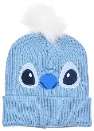 Disney Stitch Wintermütze für Kinder, Hellblau mit Bommel, 52-54 cm, Cartoon Lilo& Stitch, Augen Design, niedlich, Original Lizenz
