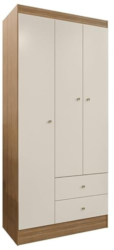 ACTUAL DIFFUSION Versa Armoire Penderie 3 Portes 2 Tiroirs 5 Niches Chêne Blanc Écru L 81.2 H 182.4 P 46.3 cm