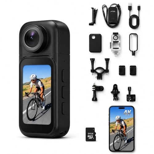 Infinn Action Cam 4K Bodycam 64GB, 1.47 Zoll Touch Display, Ladecase, Linse 180 Grad drehbar + 360 Grad Clip, Magnetische Halterung, 30m Wasserdicht, 3h Akku für Sport, Motorrad, Tauchen UVM.