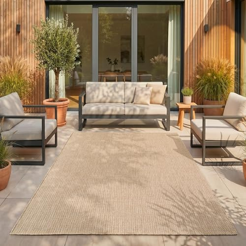 SIMPEX Outdoor Teppich Beige 200x280 cm Balkon Terrasse Garten Wetterfest UV-beständig Groß XL Einfarbig Flachgewebe Pflegeleicht Robust Modern