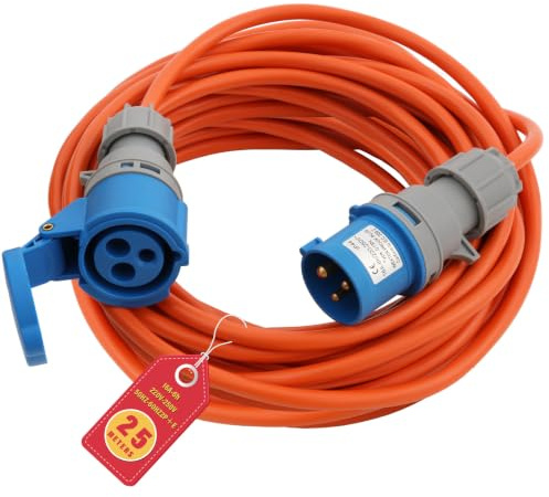 25m CEE Verlängerungskabel 16A, 240V Camping Kabel Orange, IP44 Außenbereich Stromkabel mit CEE Stecker, Robustes Wohnwagen Verlängerungskabel für Camping, Caravan und Outdoor