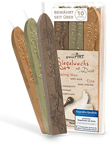 gravurART Siegelwachs - Briefe, Einladungen und Geschenke versiegeln und aufpeppen mit Stempelwachs für Siegelstempel - 3 Stangen Wachs mit Docht, Mix Bronze - Oliv - Gold