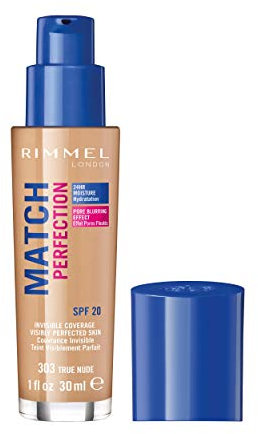 Rimmel Match Perfection Foundation 303 True Nude, Medium Coverage, 24hr Hydration, No Caking or Creasing, Lightweight, Reduces Imperfections, Invisible Coverage, SPF20, Cruelty Free