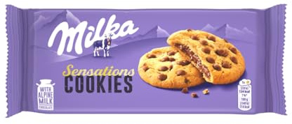 Milka, Cookie Sensations, Biscotto Croccante con Goloso Ripieno Milka e Pepite di Cioccolato al Latte, con Latte Alpino, Cacao Sostenibile, 156g