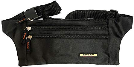 LOLUNA® Sac Banane, Ceinture de Voyage ou Sport Leger, Compact et Plat, pour Ranger Passeport, Billets, Smartphone, Cartes, Monnaie et clés - Noir