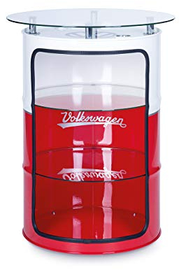BRISA VW Collection - Volkswagen Ölfass-Möbel-Vitrine mit Stehtisch-Ablage-Bistro-Hochtisch im T1 Design (Bus Front/Weiß & Rot)