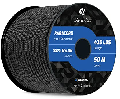 Abma Cord Paracord 3mm 50M 100% Nylon Seil Paracord 425 Typ II Schnur mit 3 Kern für Basteln, Camping, Survival - Max. 192kg (425lbs) - Schwarz