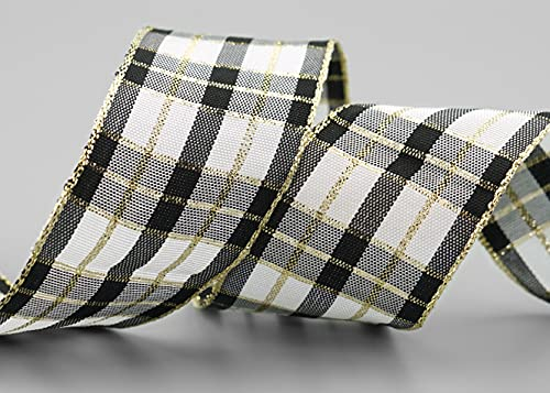 finemark 20 m x 40 mm Karo Weihnachtsband SCHWARZ GRAU Gold (113) Weiss mit Lurex Drahtkantenband Dekoband Geschenkband Schottenkaro Glanzband Goldkante Draht Schleifenband Winter Christmas Check