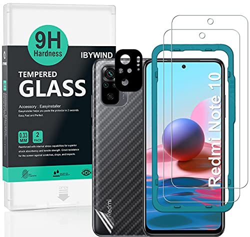 Ibywind Cristal Templado para Redmi Note 10/Redmi Note 10S(6.43),con Metálico Protector de Lente de Cámara,Atrás Pegatina Protectora Fibra de Carbono,Incluyendo Kit de instalación fácil