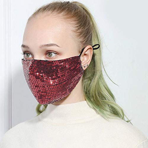 Yheakne Pailletten-Bling Anti-Staub-Mundschutz mit verstellbaren Ohrschlaufen, Umhängeband, Clip, für Damen, glitzernd, dekorativer Stoffbezug, waschbar, wiederverwendbar, rot