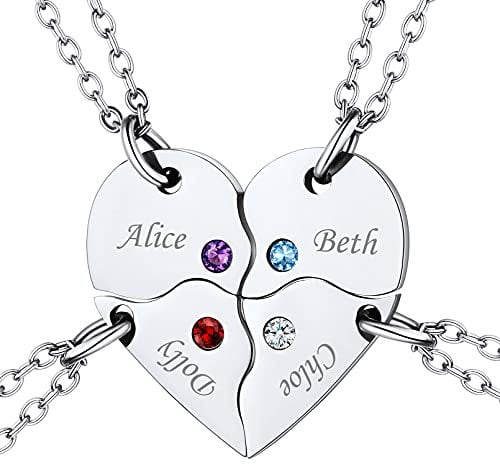 Friendship Necklace for 4--Personalised Birthday Gifts for Friend--Engravable Puzzle Set Necklace with 4 Birthstones