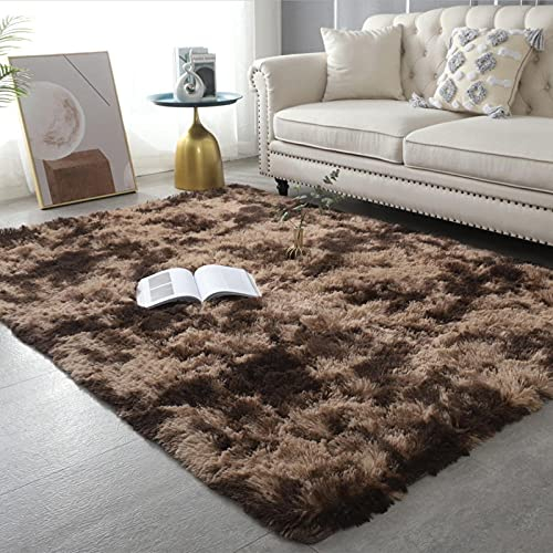 WmHeoo2077 Indoor Modern Langflor Carpet Fluffy,Batik-Teppich für Schlafzimmer, gepolsterte Fußmatte aus Seidenwolle-Dunkelbraun_160x230CM,Shaggy Teppich Hochflor Langflor