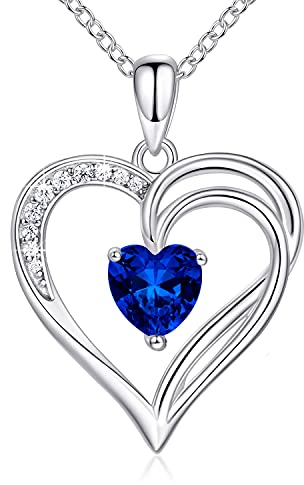 AM ANNIS MUNN 925 Sterling Silber Kette Herz Halskette Damen Geburtsstein Halskette für Frauen Doppelherz Kette Silber Schmuck Damen Geschenke für Frauen Mama Freundin (09-Saphir)