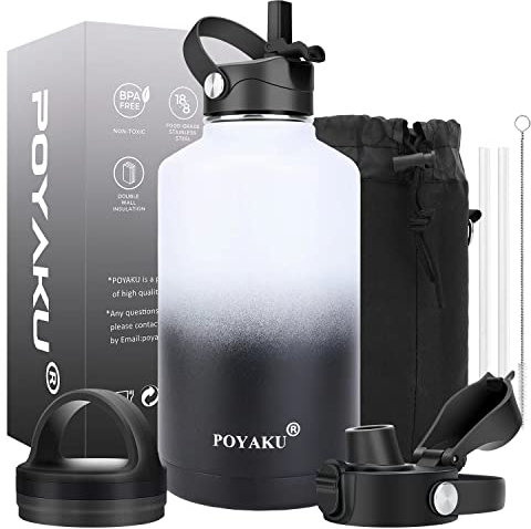 Water Bottle Insulated 32oz 40oz 64oz 128oz Straw Lid Spout Lid & 3 Lids, Leak Proof, Vacuum Insulated,Stainless Steel Water Bottle Wide Mouth for Sports, Gym or Office (64oz Day & Night, 64 oz)