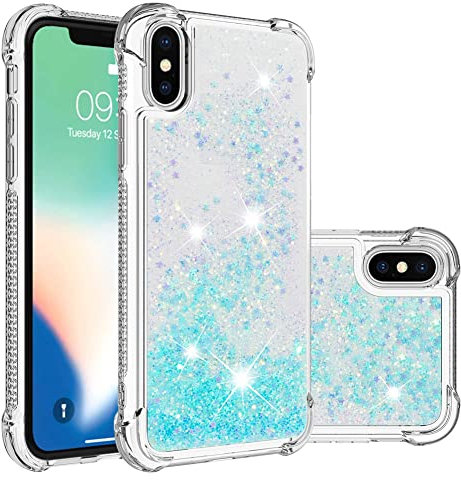 IMEIKONST Compatible with iPhone XS Glitter Case, Liquid Sparkle Quicksand Clear Transparent Sequin Girls Slim TPU Bumper Silicone Shockproof Cover for iPhone XS/X. Star Blue YBW
