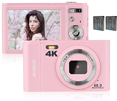 Andoer 48MP 4K Digital Camera, 2.8 Inch IPS Screen, 16X Digital Zoom, 2 Batteries, 32GB Memory Card, Pink
