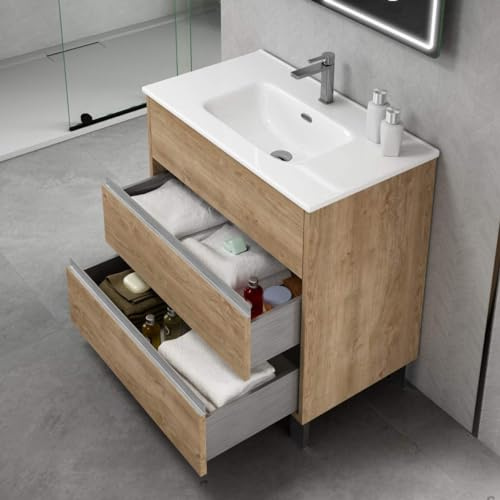 Mueble de Baño al Suelo con Lavabo Cerámico Escorpio | Mueble Baño con Patas de 3 Cajones con Cierre Amortiguado y Organizador Máximo Almacenamiento | Roble Natural Tirador Cromo | 70cm