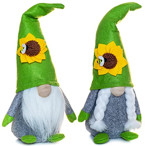 alles-meine.de GmbH 2 Stück lustige Wichtel/Zwerge je 33 cm groß grün - mit Sonnenblume & Biene - für Sommer & Winter - Weihnachten - Plüschtier/Kantenhocker/Türstop..