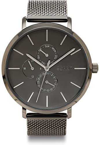 ESPRIT Herrenuhr mit Milanaiseband aus Edelstahl - Gunmetal, Minimalistisch, Chronograph, Analog, Automatik, Schnalle, Metallarmband, 44 mm, Grau, Erwachsener, Männer, Uhr