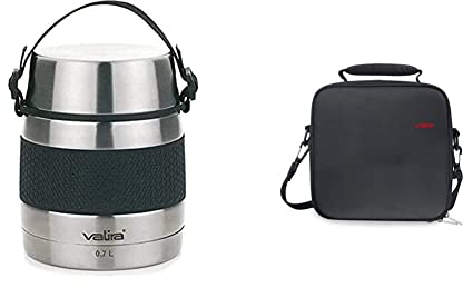 Valira 6614 Termo para sólidos con 2 contenedores interiores, Acero inoxidable, 0.7 L & Bolsa Porta Alimentos, Poliéster, Compact, Negro, centimeters