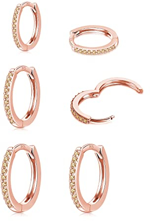 HUABOLA CALYN 3 Paar Creolen Silber 925, Rosegold Creolen Silber 925 Klein Set für Damen Herren Mädchen in 8/10/12mm, Hypoallergen Ohrringe Gold Set mit AAA Zirkonia Schmuck