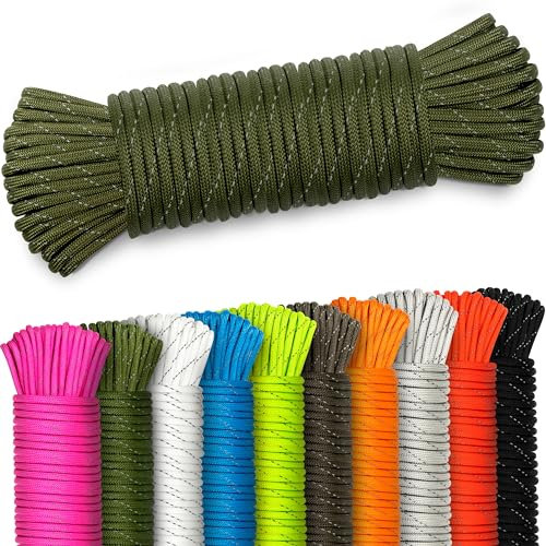 AMZoutdoor® 5,10 o 15m Filo Paracord 550 riflettente da 4mm | Filo Paracord Riflettente 7 Fili Interni | Equipaggiamento Outdoor (verde oliva riflettente, 5 metri)