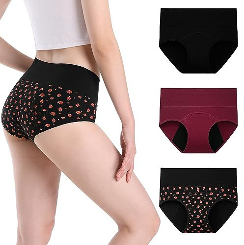 INNERSY Perioden Unterwäsche High Waist Damen Menstruationsunterwäsche Baumwolle Slip 3 Pack (48, Schwarz/Dunkelrot/Rose Druck)