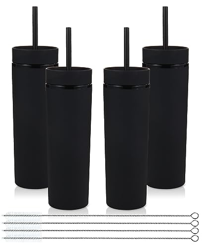 Volhoply 16oz 470ml Plastic Skinny Tumblers with Lid and Straw Bulk | Double Wall | Reusable Iced Coffee Mug | BPA Free | Matte Acrylic Water Cups (Black,4 Pack)