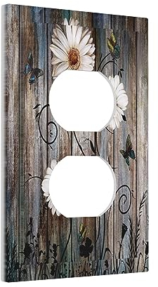 Rustikale Plankenstruktur, Blumenmuster, Schmetterling, Gänseblümchen, 1-Gang-Steckdose, Duplex, dekorativ, Landhausstil, Holzstil, Kunst-Steckdosen, Steckdose, Lichtschalter, Frontplatte für
