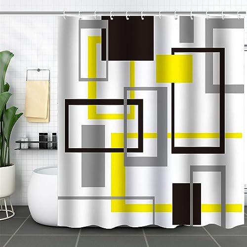 Textil Duschvorhang 180x200 Waschbar, Geometrisches Gittermuster Badezimmer-Duschvorhang mit Metallösen aus Polyester, Schwarz Grau Gelb