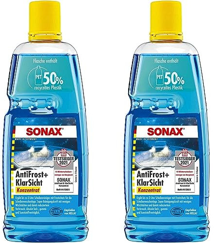 SONAX AntiFrost+KlarSicht Konzentrat (1 Liter) ergibt bis zu 3 Liter Winter-Scheibenwaschwasser, sofort mischbereit, schlierenfrei, Antikalk-Effekt | Art-Nr. 03323000 (Packung mit 2)