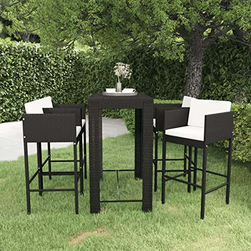 Homgoday 5-TLG. Gartenbar-Set mit Kissen Theke Gartentheke Bar Tresen Stehtisch Bartisch Barhocker Barstuhl Gartenmöbel Sitzgarnitur Balkonset Gartengarnitur Poly Rattan Schwarz#2
