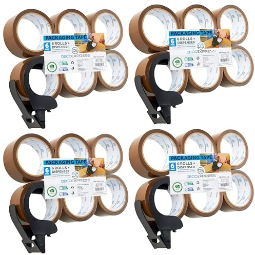 DECO EXPRESS Paketklebeband mit Abroller Set, Paketbandabroller und Rollen Paketklebeband zum Verpacken Extra Strong PVC-Klebebändern (Kleiner Spender Braun, 4er-Pack)