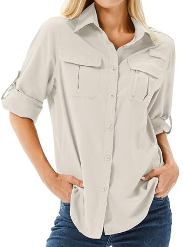 yeyity Camisa para mujer UPF 50 con protección UV, camiseta de manga larga para mujer, camisa de senderismo, ropa de safari, transpirable, secado rápido, informal, top deportivo, Luz De Color Caqui, S