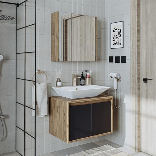 ROOMART • Badmöbel Set • Atlantic • 3-teilig • Keramik Waschbecken mit Unterschrank 65 cm, Spiegelschrank 60 cm (Anthrazit - Eiche, 65 cm)