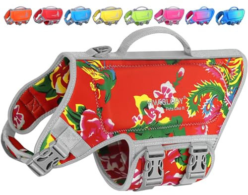 VIVAGLORY High Buoyancy Schwimmweste Hund, Rettungsweste, Hundeschwimmweste für Bootfahren, Schwimmhilfe & Auftrieb, XS, Nordwest Blumen-Rot
