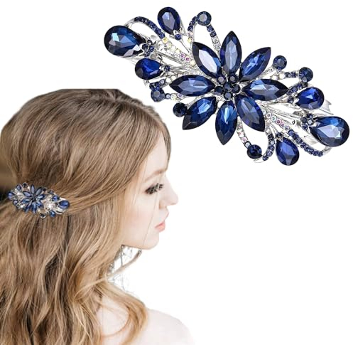 Esshogo 1 Stück Haarspangen Damen, Vintage Strass Stil Barrettes, Haarspange, Metall Frühling Clips, Französische Vintage Haarspangen, Strass Edelstein Haarspange, für Mädchen, Frauen, Damen, Blau