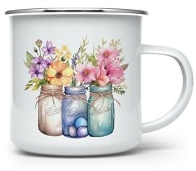 MAXIKIWI Langlebige Emaille-Kaffee- oder Tee-Campingbecher für drinnen und draußen, Oster-Einmachgläser, 350 ml