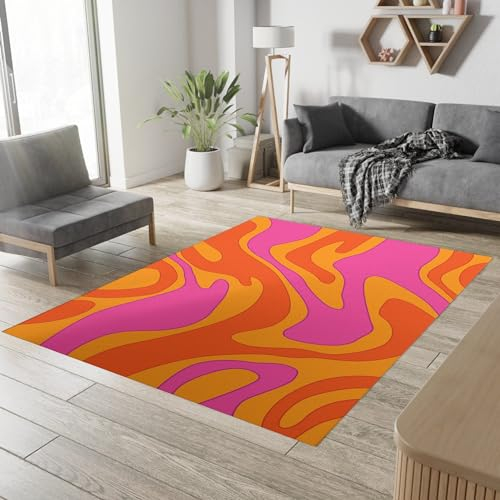 Orange Lila 60Er Jahre Teppich Wohnzimmer,Funky Tripp Polster Dünner Teppich Bedruckt Weich rutschfest Leicht Zu Reinigen-Wohnzimmer Schlafzimmer Eingang Flur 120 X 180Cm