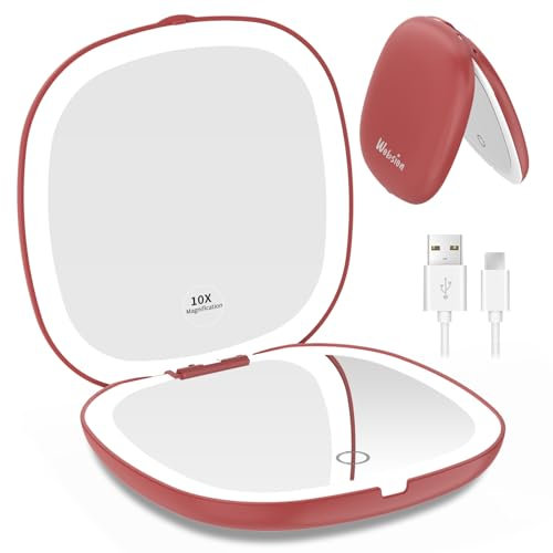WOBSION LED Taschenspiegel mit 1X/10×Vergrößerung und Beleuchtung,USB Wiederaufladbarer Tragbarer Kleiner Reisespiegel mit Licht,750mAh Dimmbarer Doppelseitiger Handspiegel für Makeup,Rot