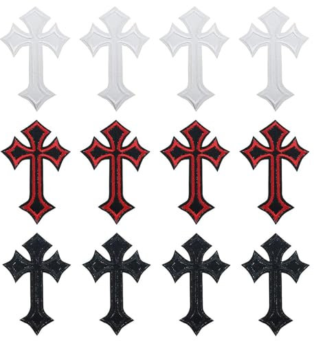 12Pcs Cross Ironing Sewing Patch Cross Applique Cloth Medieval Gothic Retro Classic Cross Sew Iron On Embroidered DIY Patch Sticker(Black Red)