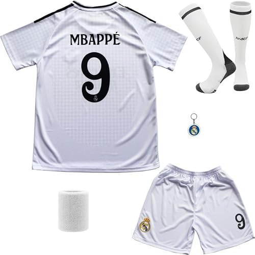DMDMK Madrid #9 Heim 2024/2025 Kinder Trikot Shorts/Socken Kinder Geschenk und Jungen Größen (White, 28 (11-12 Jahre))