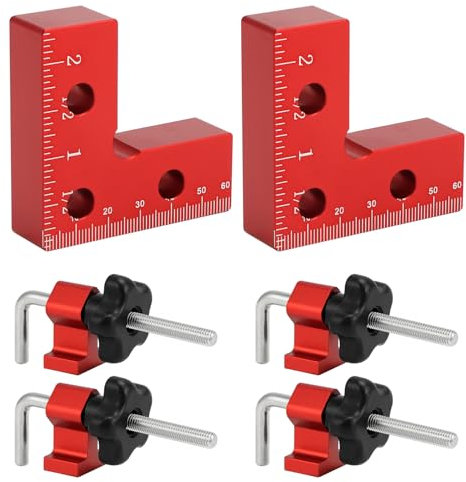 QWORK® 2ert Set 90 Grad Positionierwinkel, 60mm Aluminium Winkelspanner Zargenspanner für Eck- und T-Verbindungen, Holzbearbeitungswerkzeuge