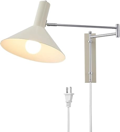 Modern Mid Century Swing Arm Wall Sconce PlugIn Reading Light with Long Adjustable Arm Minimalist White Chrome Wall Lamp for Bedroom Bedside Headboard Living Room