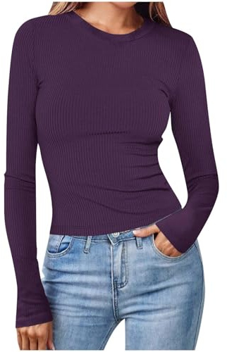 KOG Langarmshirt Damen Langärmliges Bekleidung Baumwolle Einfarbig Blusen Retro Langärmliges Kleidung T-Shirts Warmes Einfarbige Shirts Frau Vintage Longbluse Lila XL