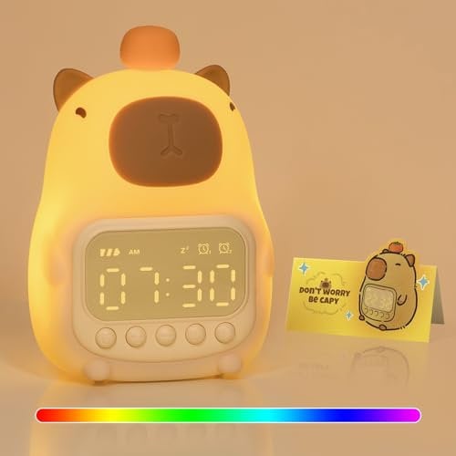 Capybara Wecker mit Nachtlicht für Kinder, 7 RGB-Farben Süße Wecker für Schlafzimmer, Ok to Wake Wecker, Silikon Tier Tischlampe für Teenager-Mädchen und Jungen