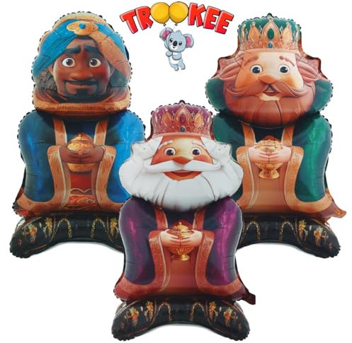 trookee - Decoracion Navidad - Globos Reyes Magos Metalizados de 110 cm - Pack 3 Globos: Melchor, Gaspar y Baltasar - Adornos Navidad - Globos de Poliamida Navideños - Christmas Gifts