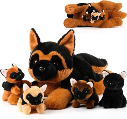5 Stück Welpen Kuscheltiere Mama Hundebauch mit 4 Niedlichen Plüschtier Hunde Spielzeug Kissen Weich und Kuschelig Stofftiere Welpen Sortiment für Geburtstag Weihnachten(Deutscher Schäferhund)