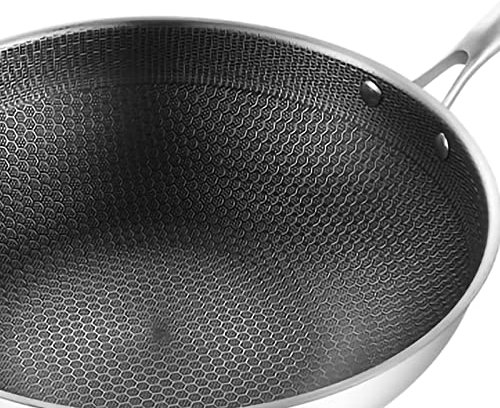 Wok, Wok de Acero Inoxidable Sartén de Acero Inoxidable con Forma de Panal de Doble Cara de 3 Capas con Micrograbado Finamente Tallado para Cocina (32 cm/12,6 Pulgadas (sin Tapa