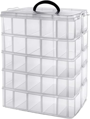 TESIN 5-stufige Sortierbox mit 50 Fächern - Stapelbare Aufbewahrungsbox für Kleinteile - Bastelorganizer mit transparentem Design - Sortiersystem für Bastelbedarf, Schmuck, Perlen, Werkzeuge & mehr